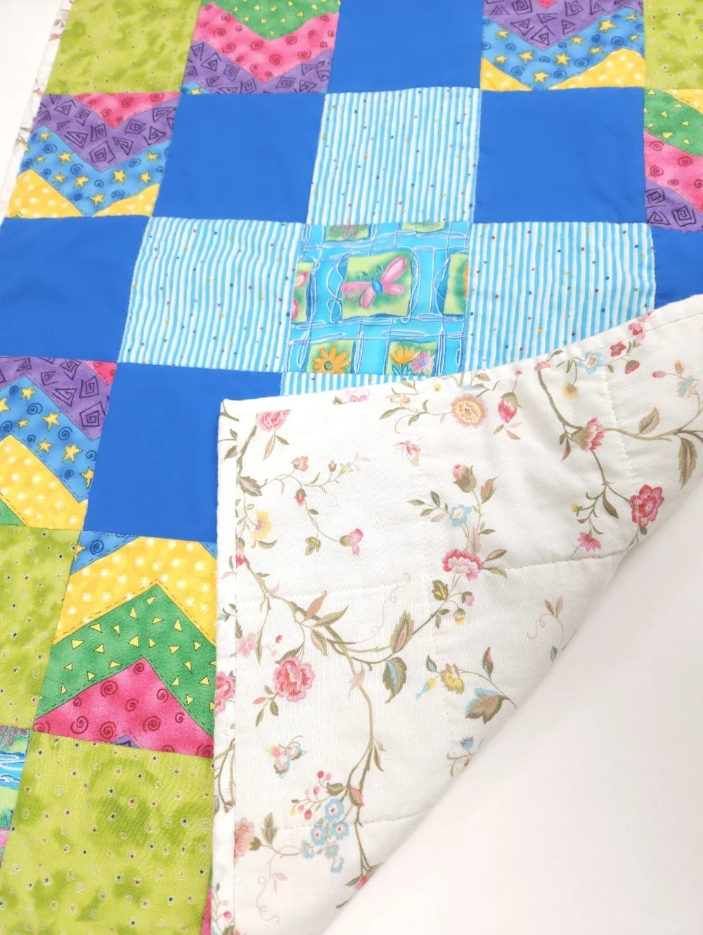 Handmade Patchwork Bright Colorful Cotton Play Lap Quilt 30x21.5 Inches